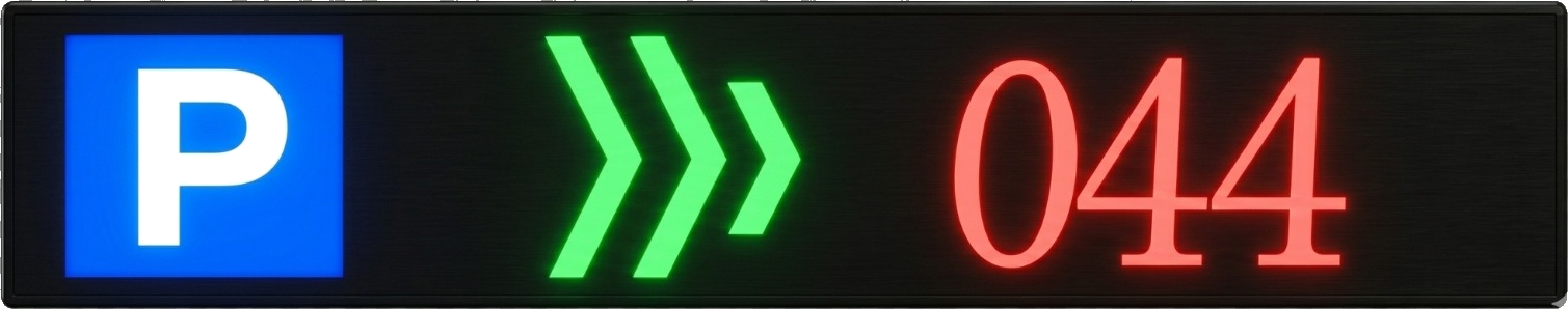 Pantalla LED interior de guiado vehicular mostrando P 044 espacios disponibles