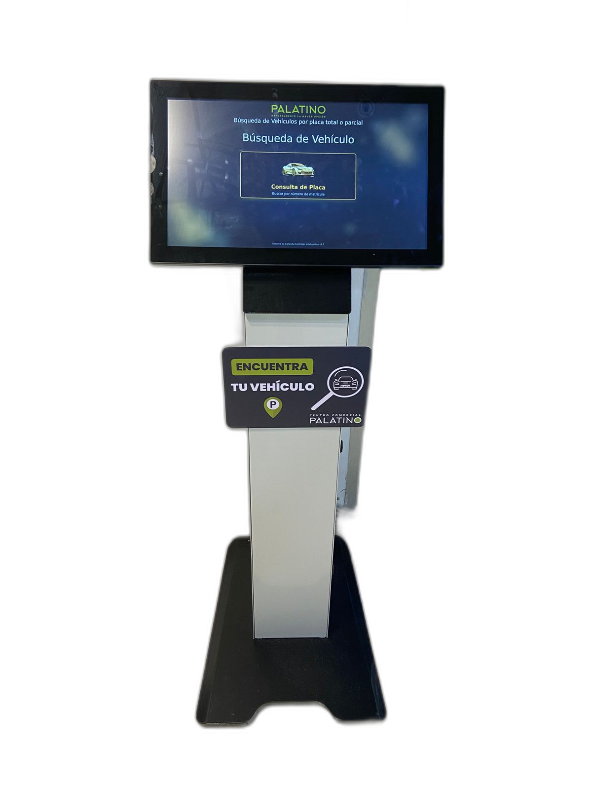 Podium de busqueda de vehiculo por placa con pantalla tactil