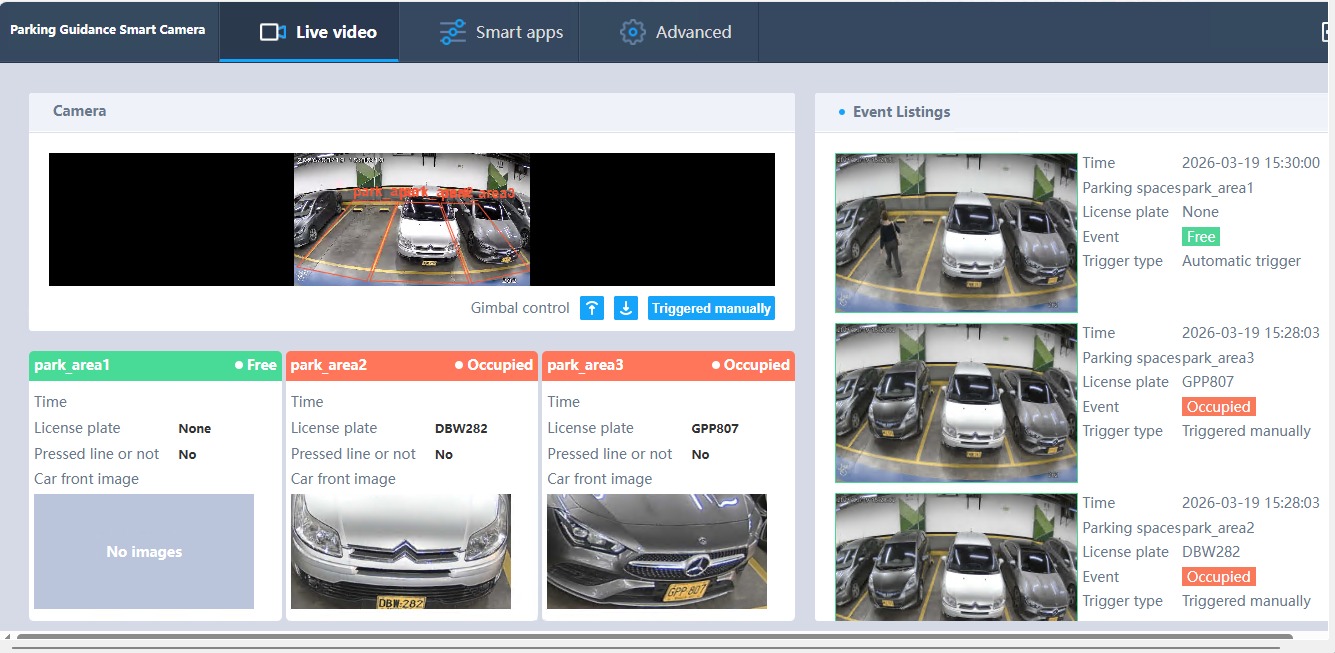 Vista en vivo de camara de guiado mostrando 1 bahia libre y 2 ocupadas con reconocimiento de placas