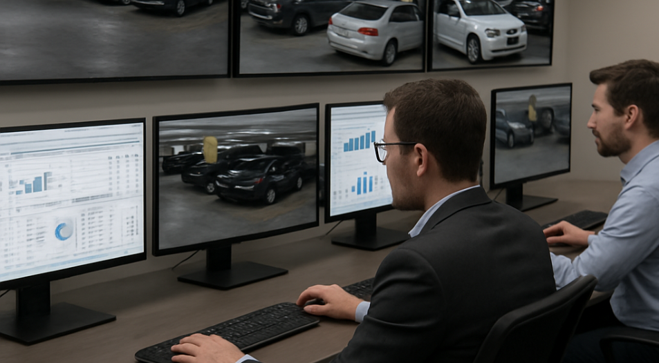 Plataforma de monitoreo WOW Machines con 3 pantallas mostrando video por transacción